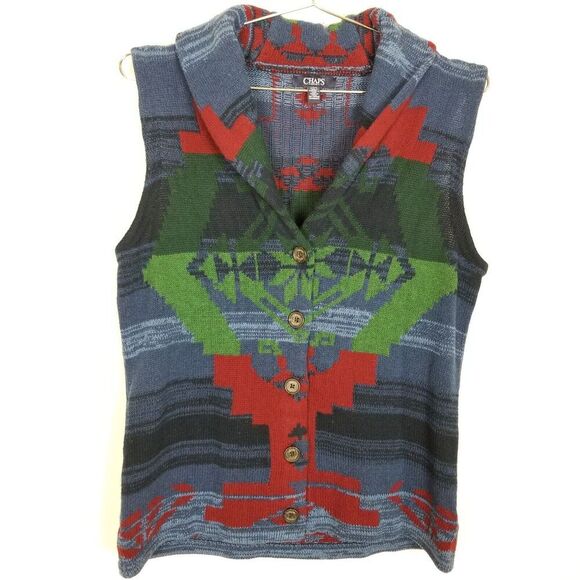 Chaps Women Sleeveless Aztek Tribal Cardigan Sweater Vest Sz L Button Up Cotton - Picture 1 of 6